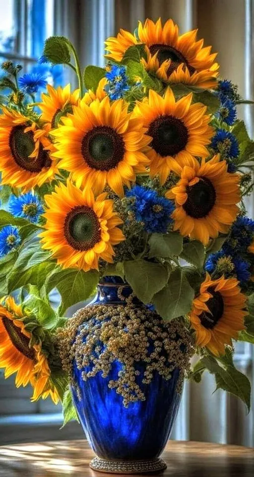 a blue vase filled with lots of yellow sunflowers