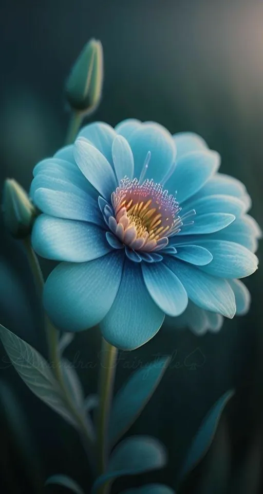 a close up of a blue flower with green leaves