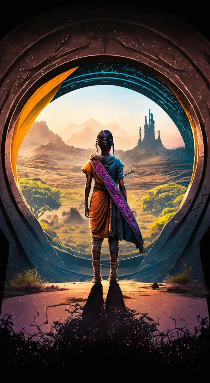 A cosmic doorway opens up to a woman in a sari standing before an alien landscape