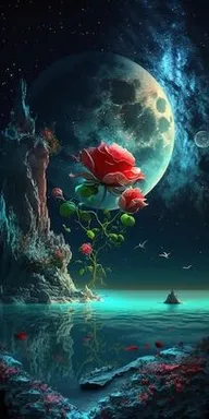 a painting of a red rose floating in a body of water