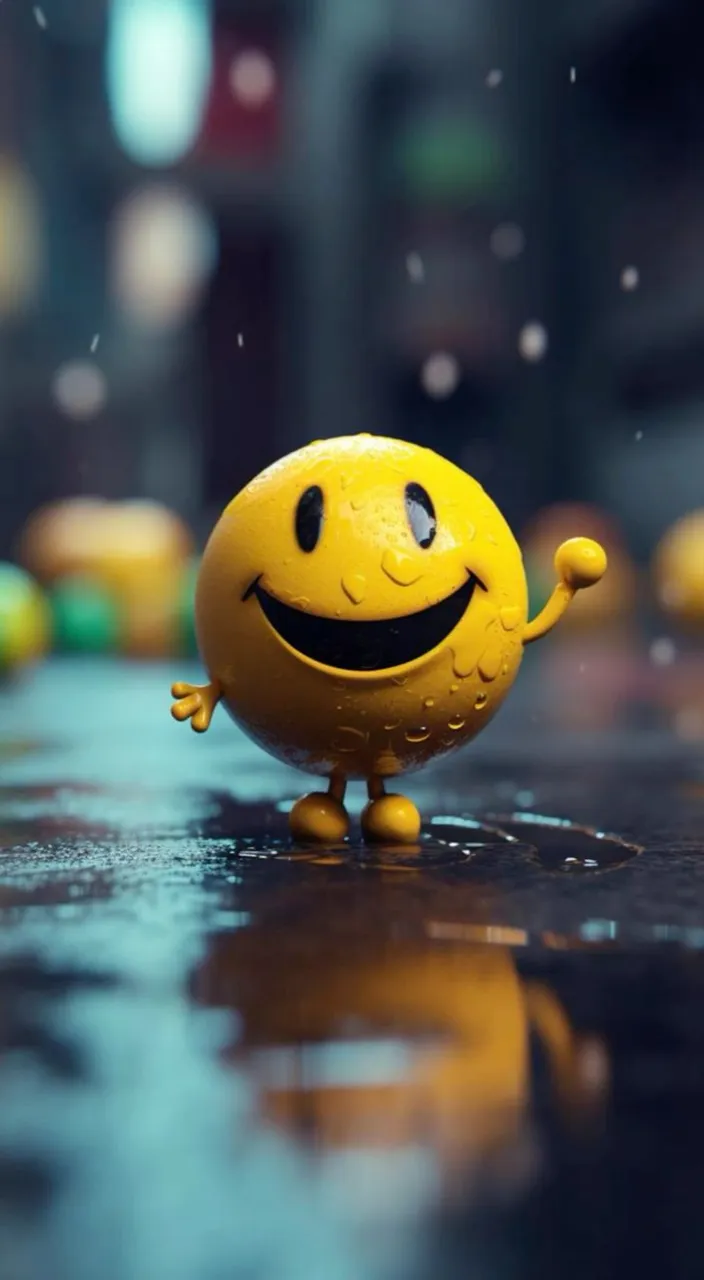 a yellow smiley face toy standing on a wet surface