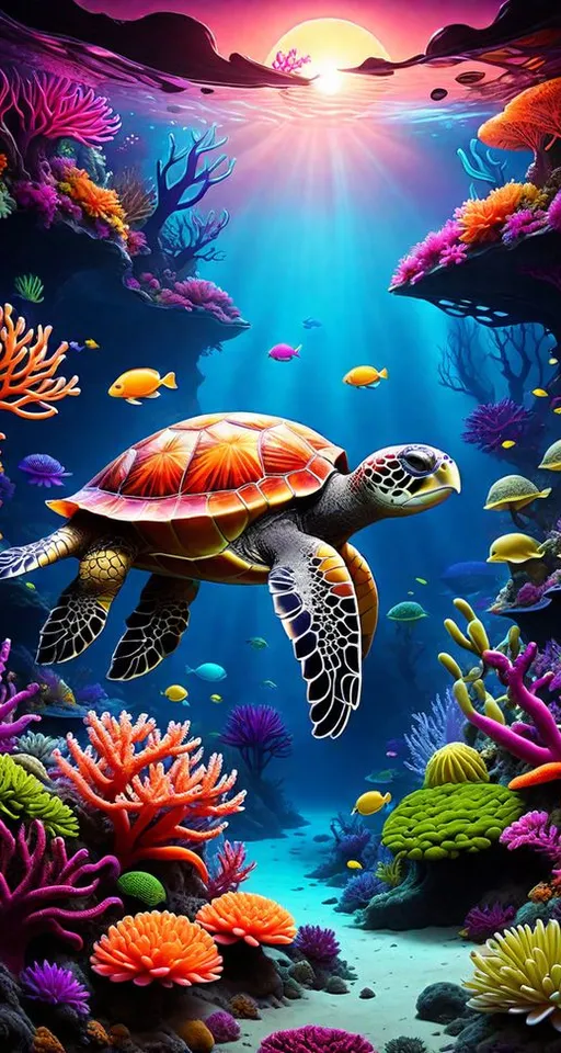 a painting of a turtle swimming in the ocean