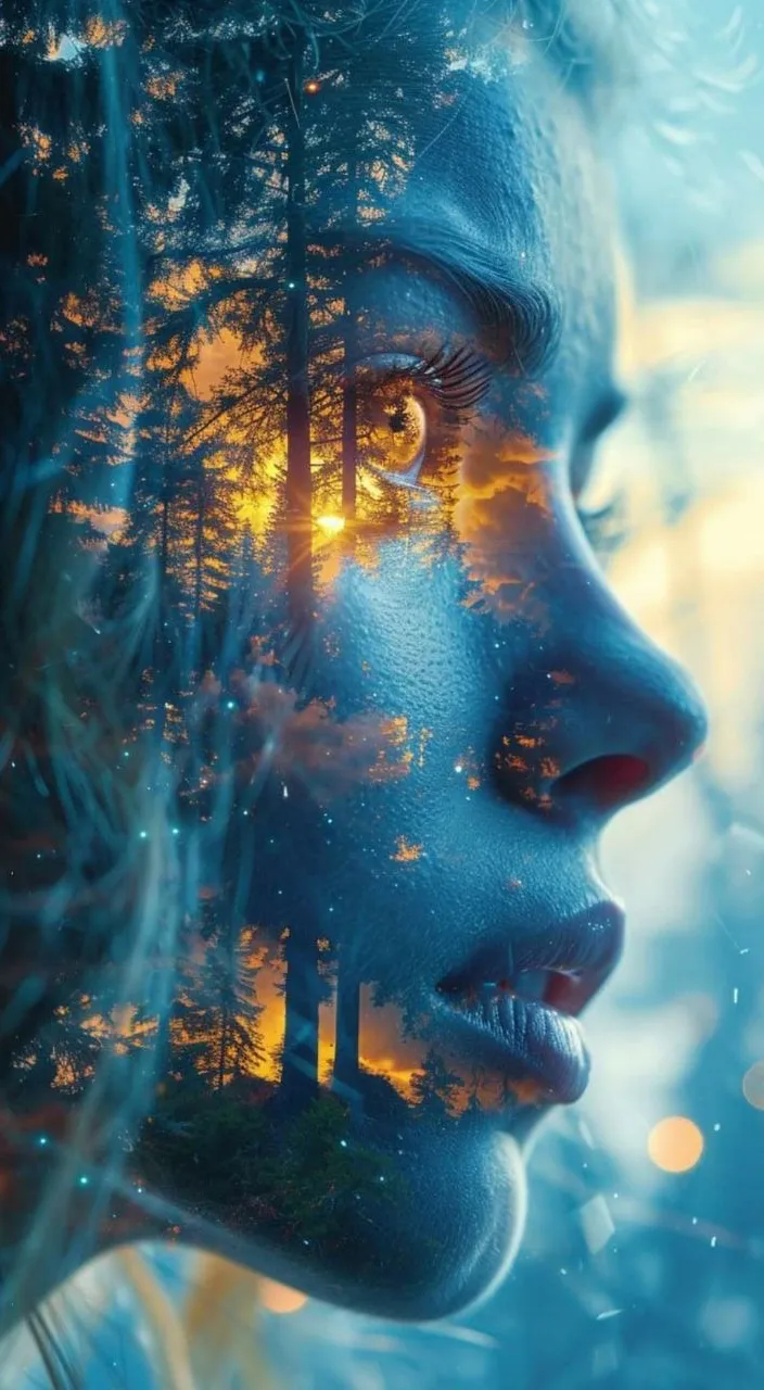 a woman's face with trees in the background