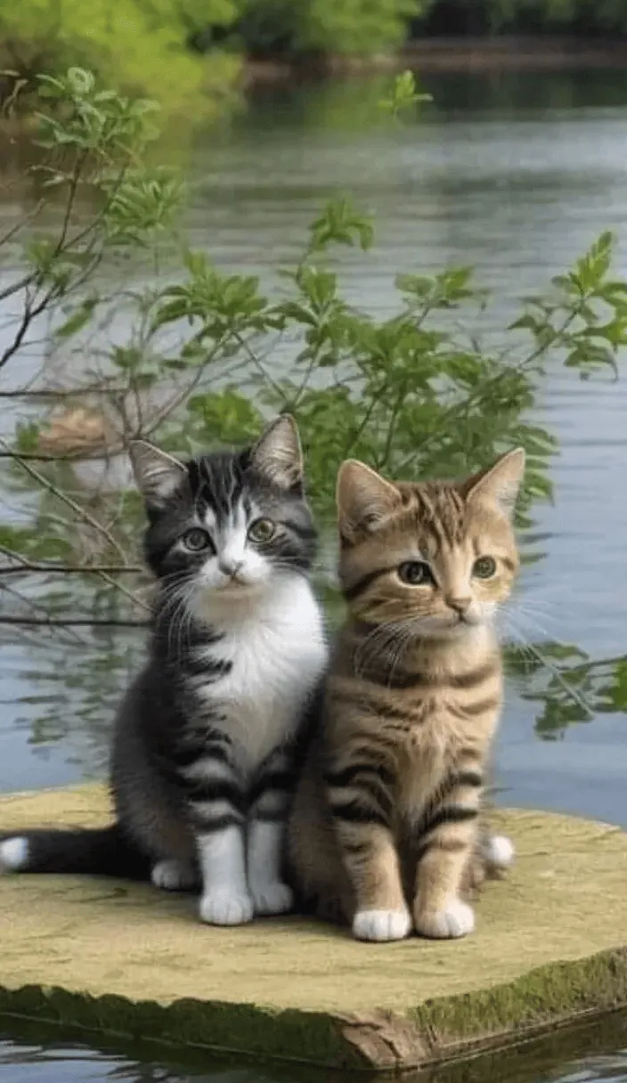 a couple of cats sitting on top of a rock the background is motionless, the movement of water, leaves and the heads of kittens