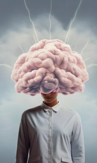 a person with a large brain on their head