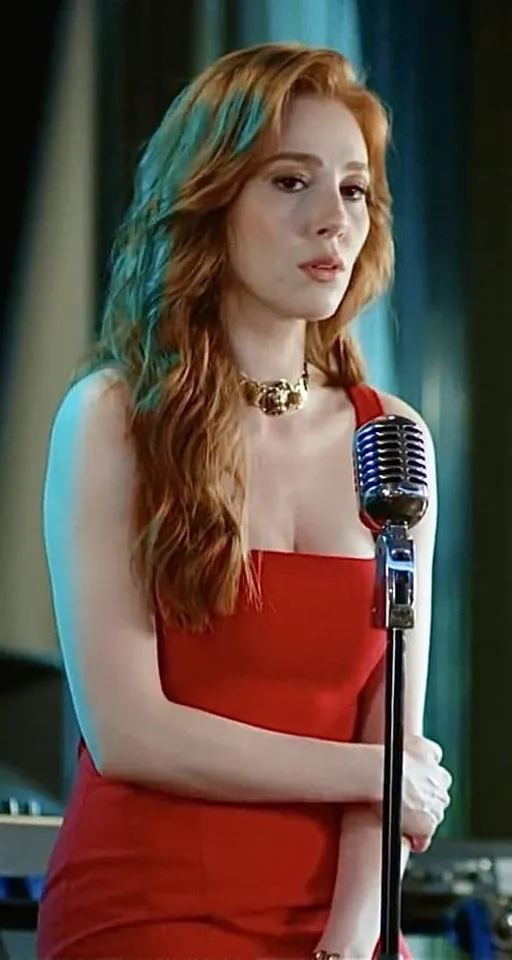 a woman in a red dress holding a microphone : 2 | blurry, ugly, deformed, jpeg, low resolution : -1