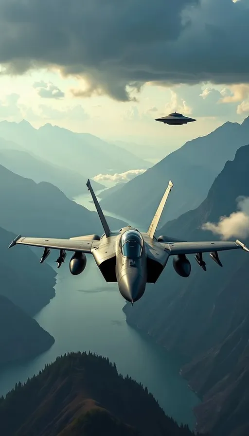 a fighter jet flying over a mountain range