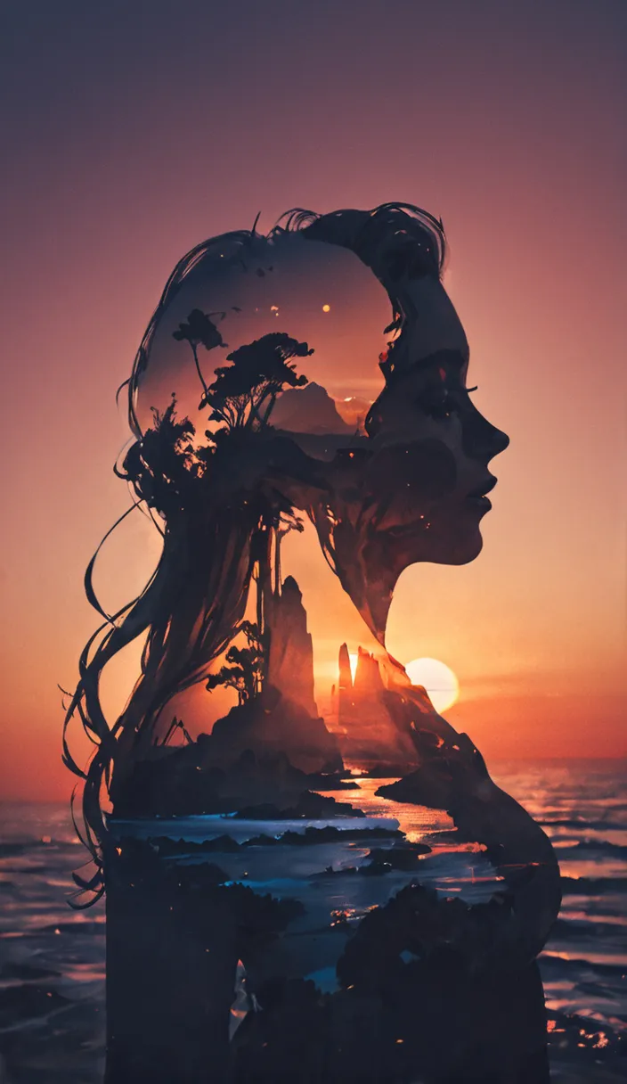 a woman's face is shown in front of a sunset