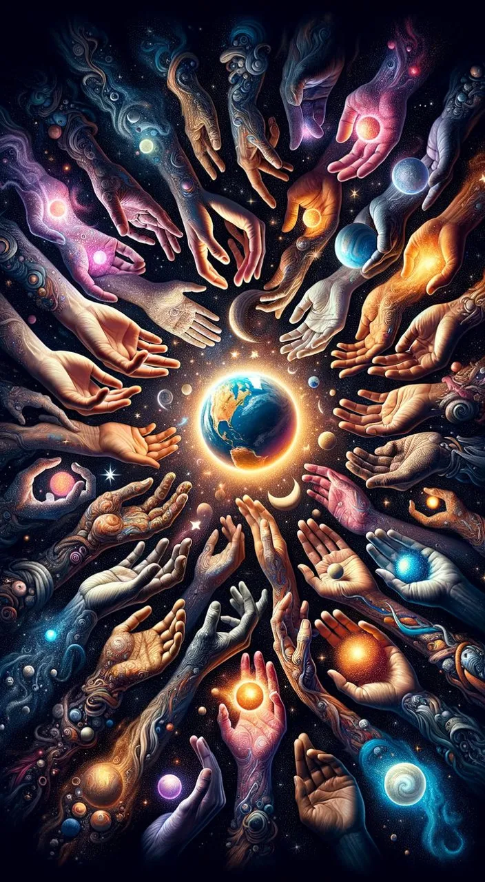 a painting of many hands surrounding a globe