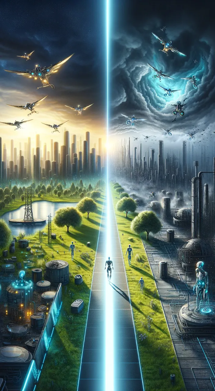 a painting of a futuristic city and a futuristic city One side is calm. The other side is very turbulent and dramatic.