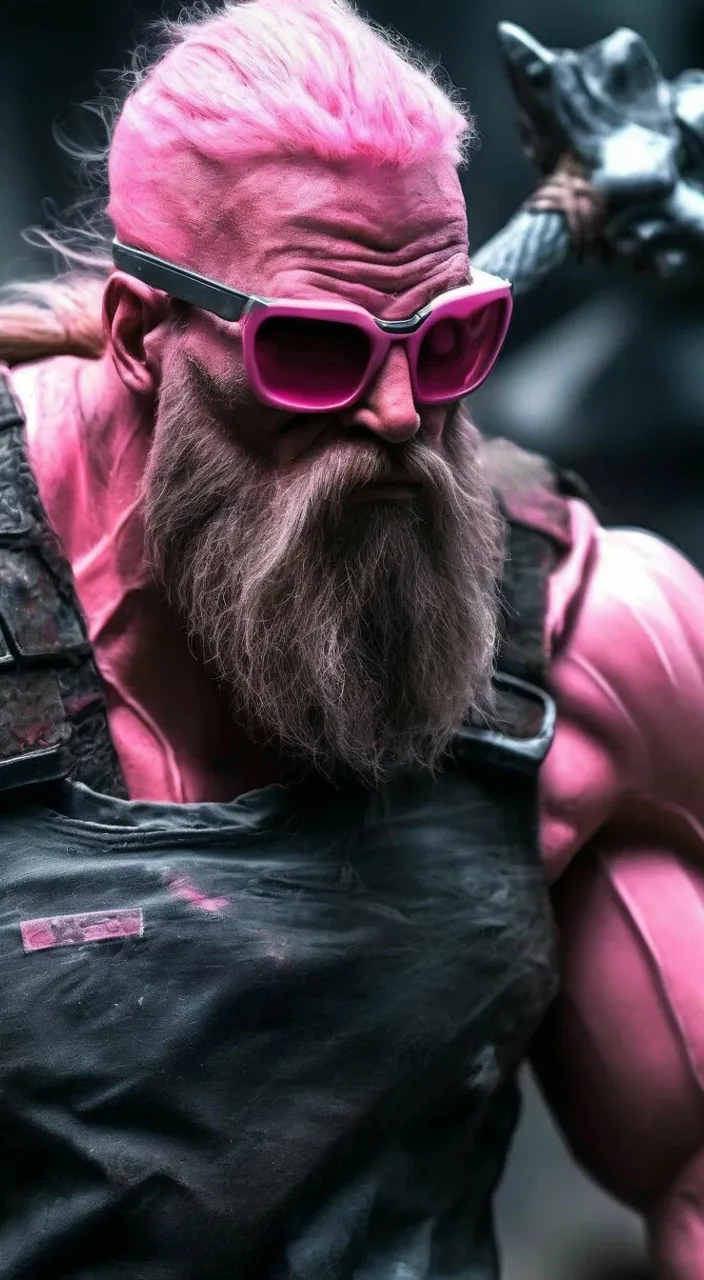 a man with pink hair and sunglasses holding a hammer