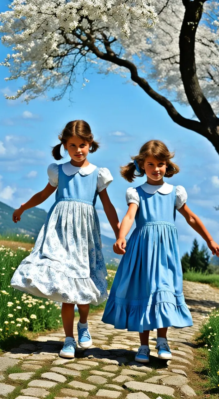 two little girls walking down a path holding hands