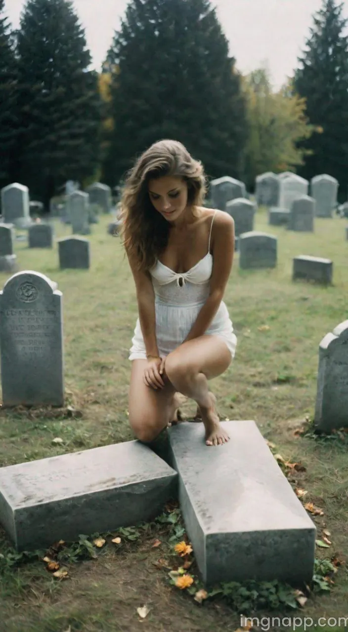 A young woman sleeping among monumental statues in a old cemetery