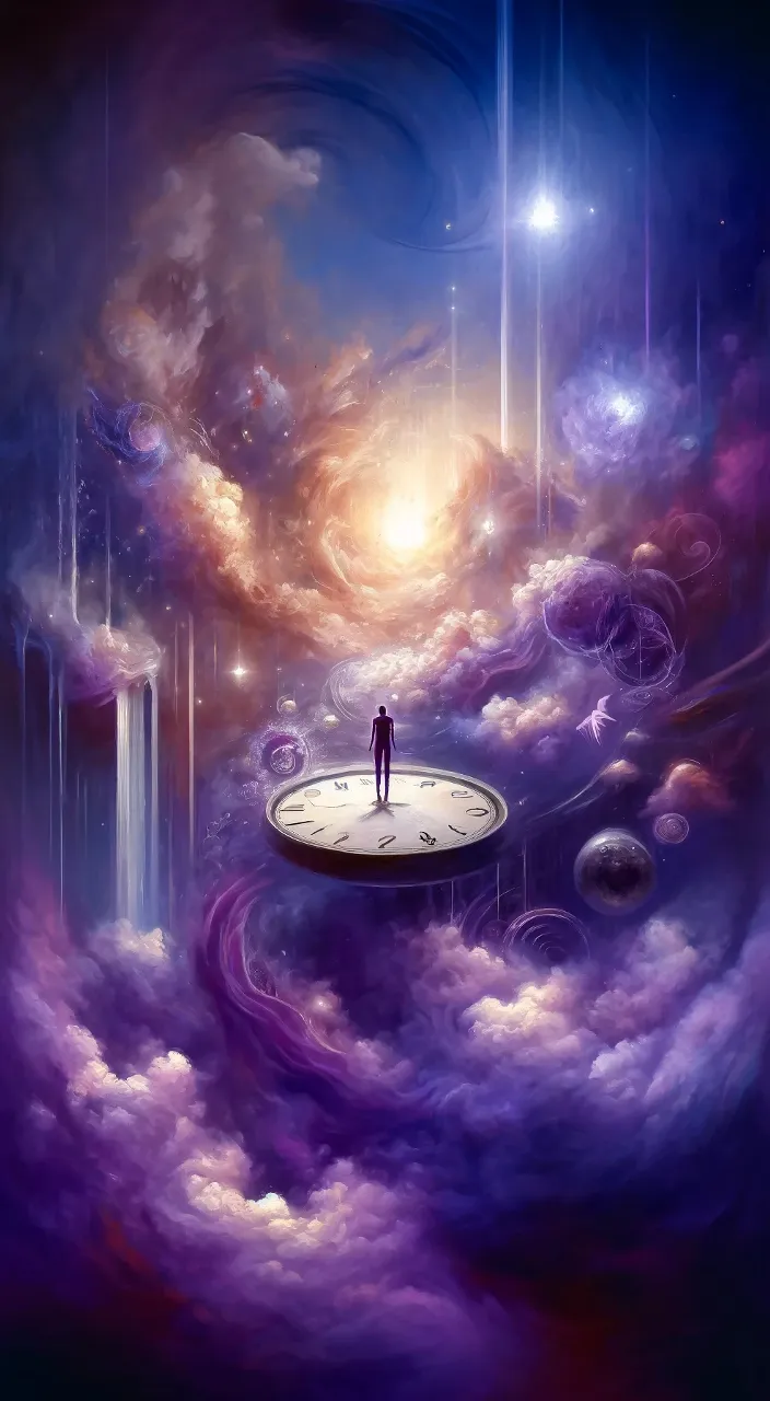 a painting of a person standing on a clock surrounded by clouds