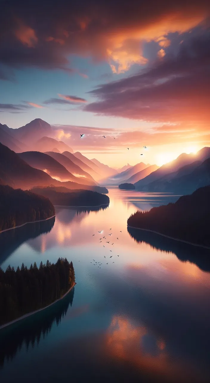 a painting of a lake surrounded by mountains and the morning fog rolling in. 