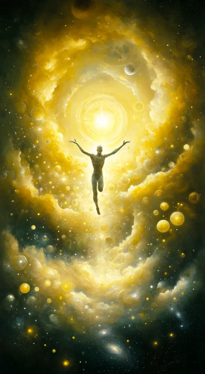 a painting of a person standing in the middle of a galaxy