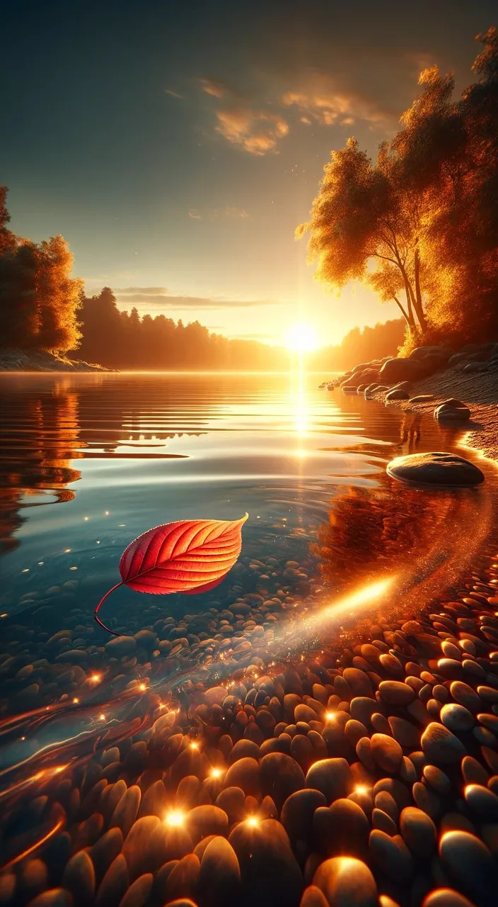 a red leaf floating on top of a body of water