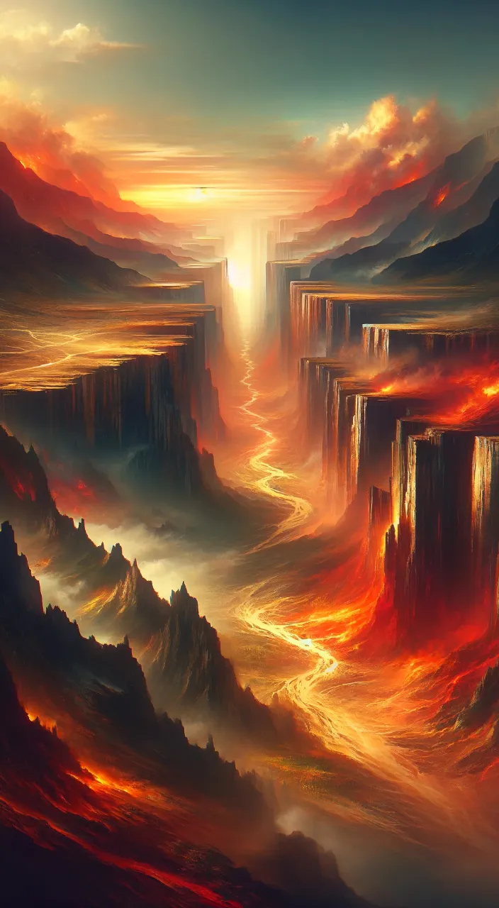 a painting of a sunset over a mountain range