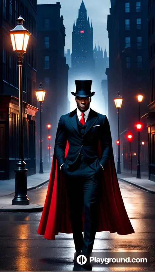 a man in a top hat and cape walking down a street