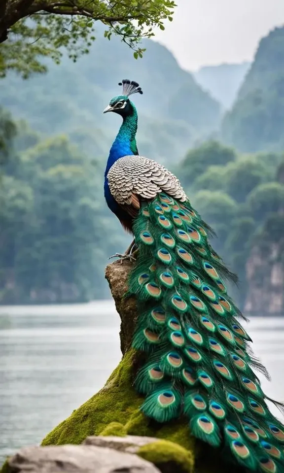 a peacock sitting on top of a rock next to a body of water