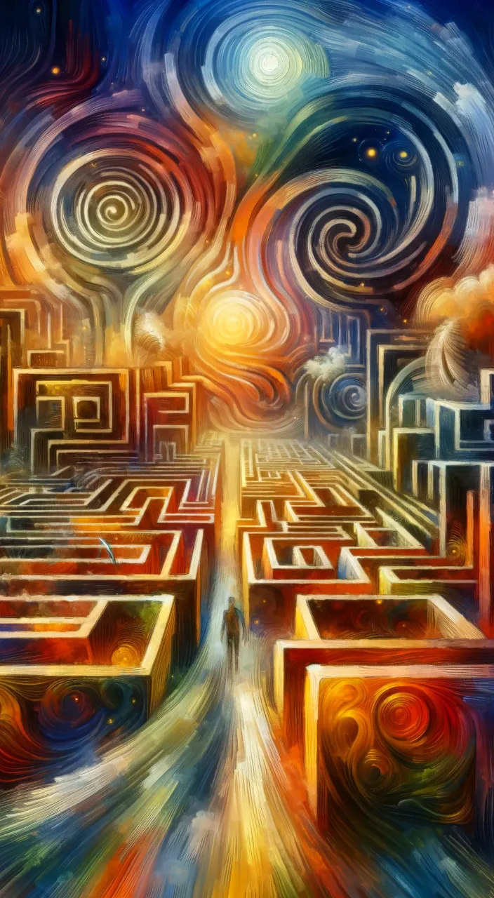 a painting of a maze in the sky