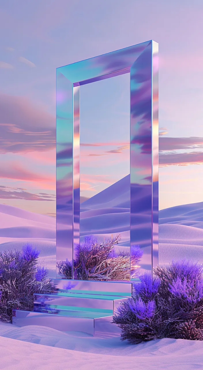 Chromatic glass gate in the desert expanse and refracting light, creating a unique and visually appealing scene