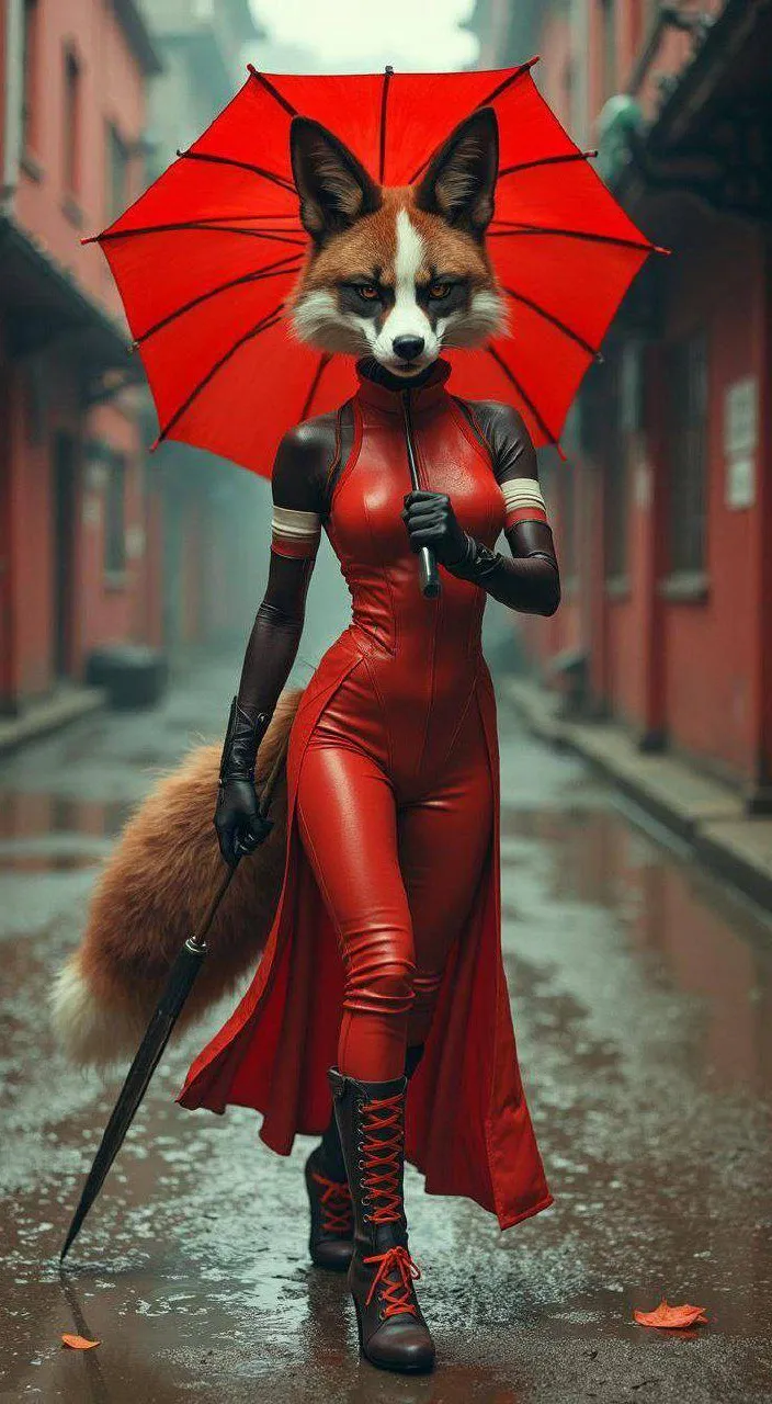 a woman in a red catsuit holding a red umbrella