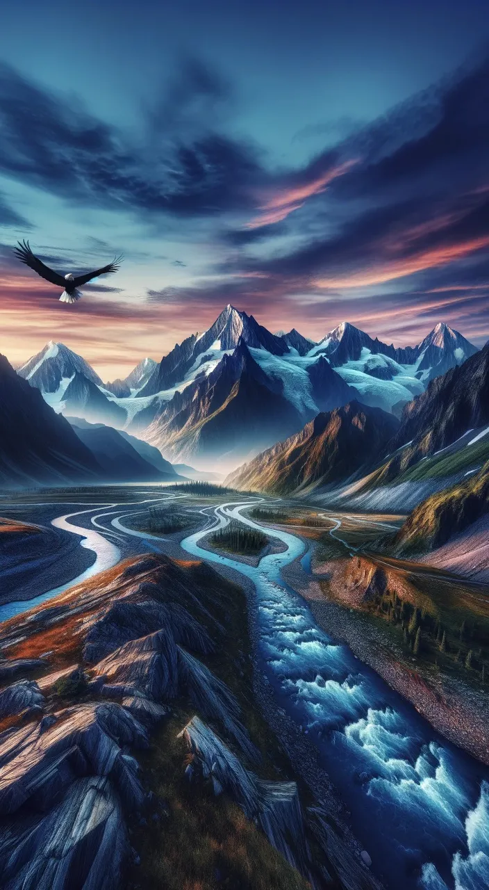 a painting of a bald eagle flying over a mountain range