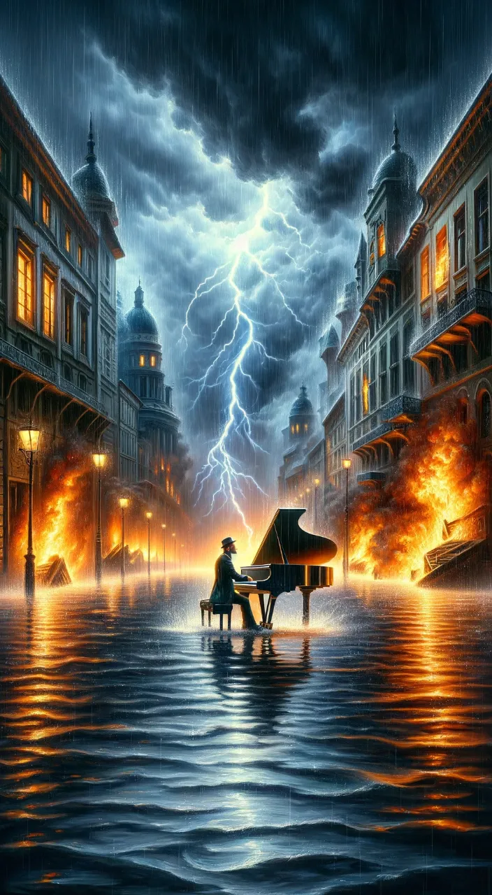 a painting of a man playing a piano in the rain