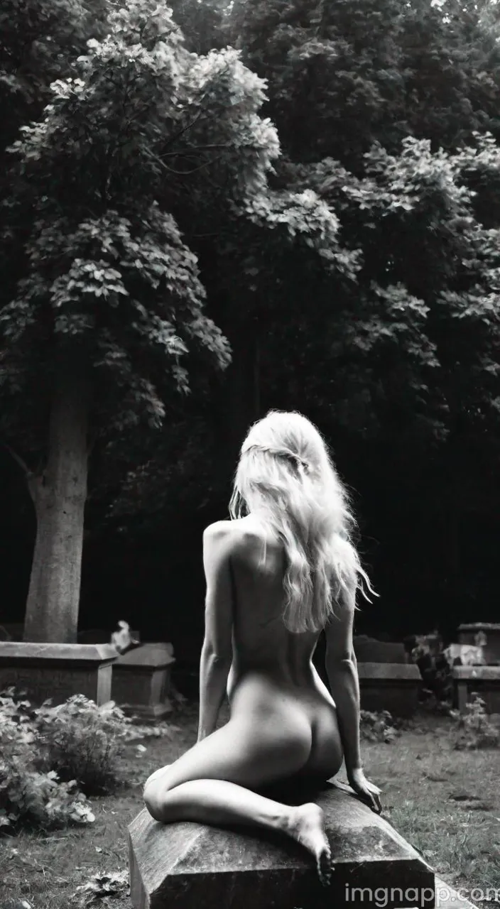  beautiful young woman laying on the gravestone