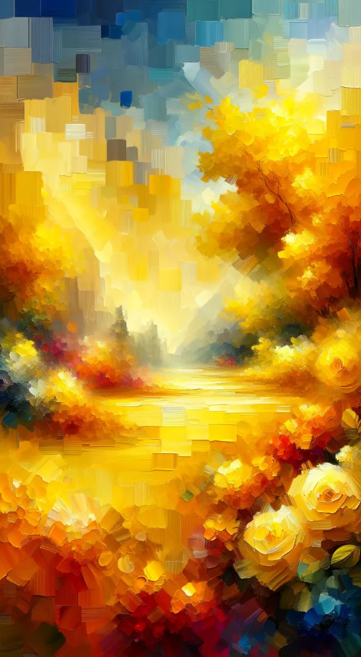 a painting of yellow flowers and trees