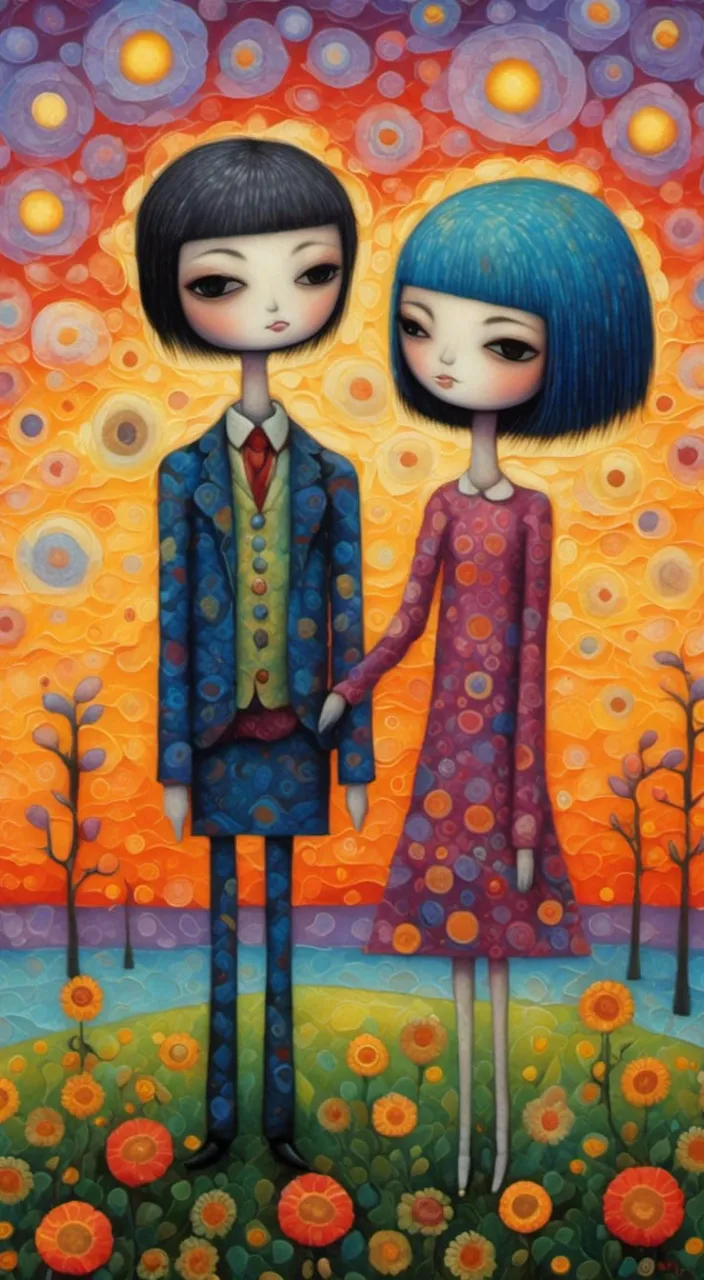 a painting of two people standing next to each other