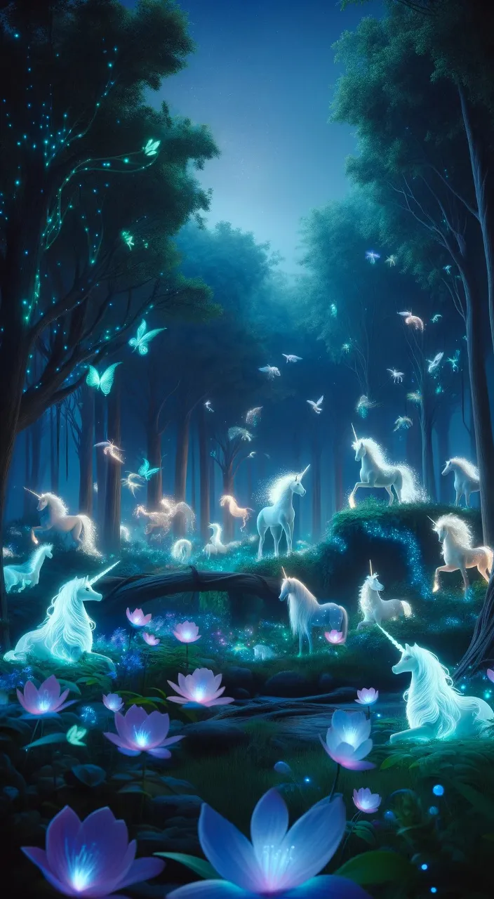 a painting of a magical forest filled with mystical creatures, including unicorns, under a twilight sky