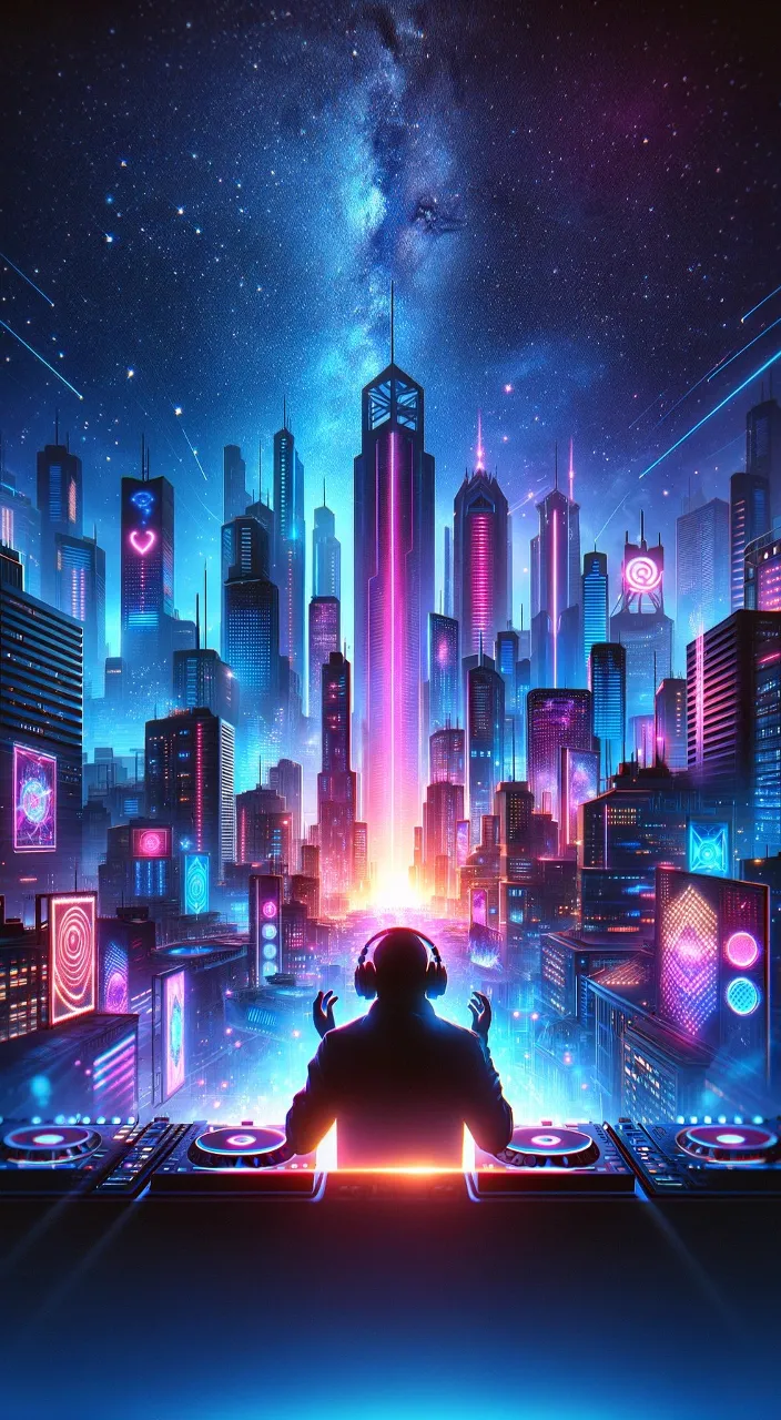 a futuristic cityscape with a dj in the foreground