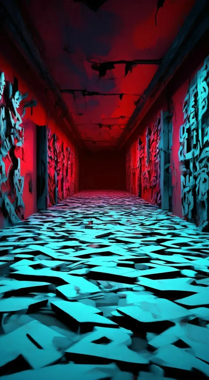 a long hallway with graffiti on the walls