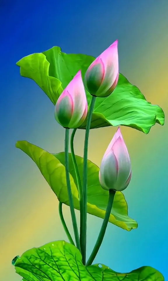 a painting of three pink flowers on top of a green leaf