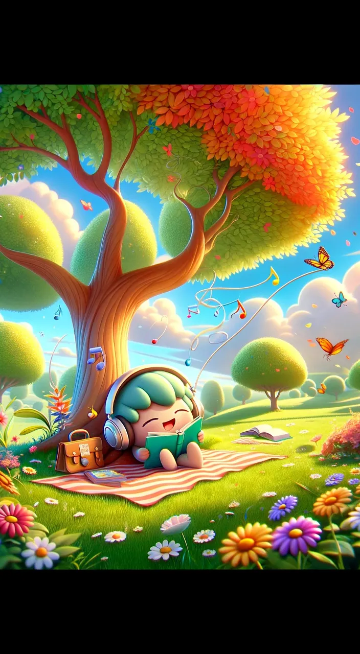 whimsical outdoor scene on a sunny weekend, featuring a character enjoying music and a book under a colorful tree