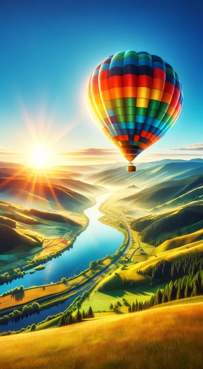 a hot air balloon flying over a valley