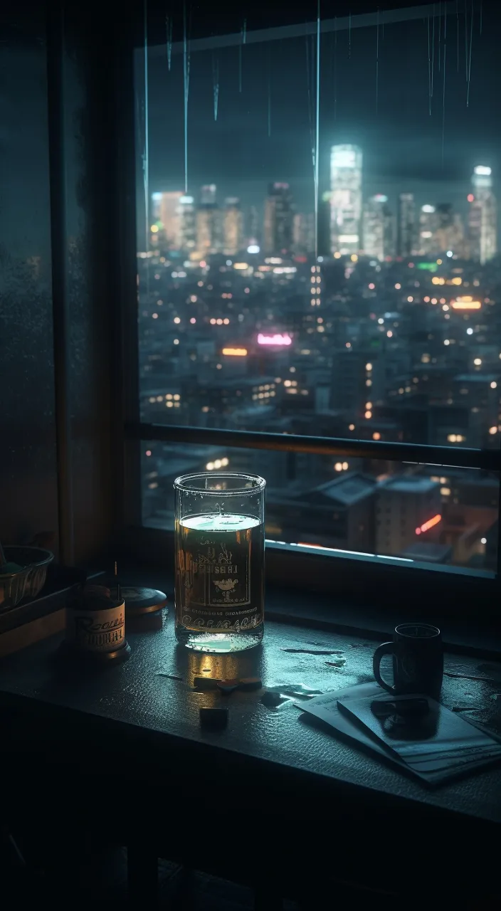 Person in a futuristic train cabin, watching a futuristic city pass by in the pouring rain and sipping on a space drink while lo-fi beats play in the background