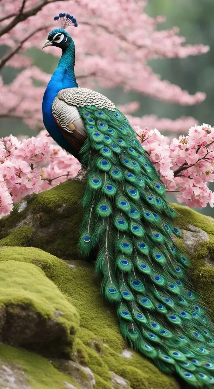 a peacock standing on top of a moss covered rock