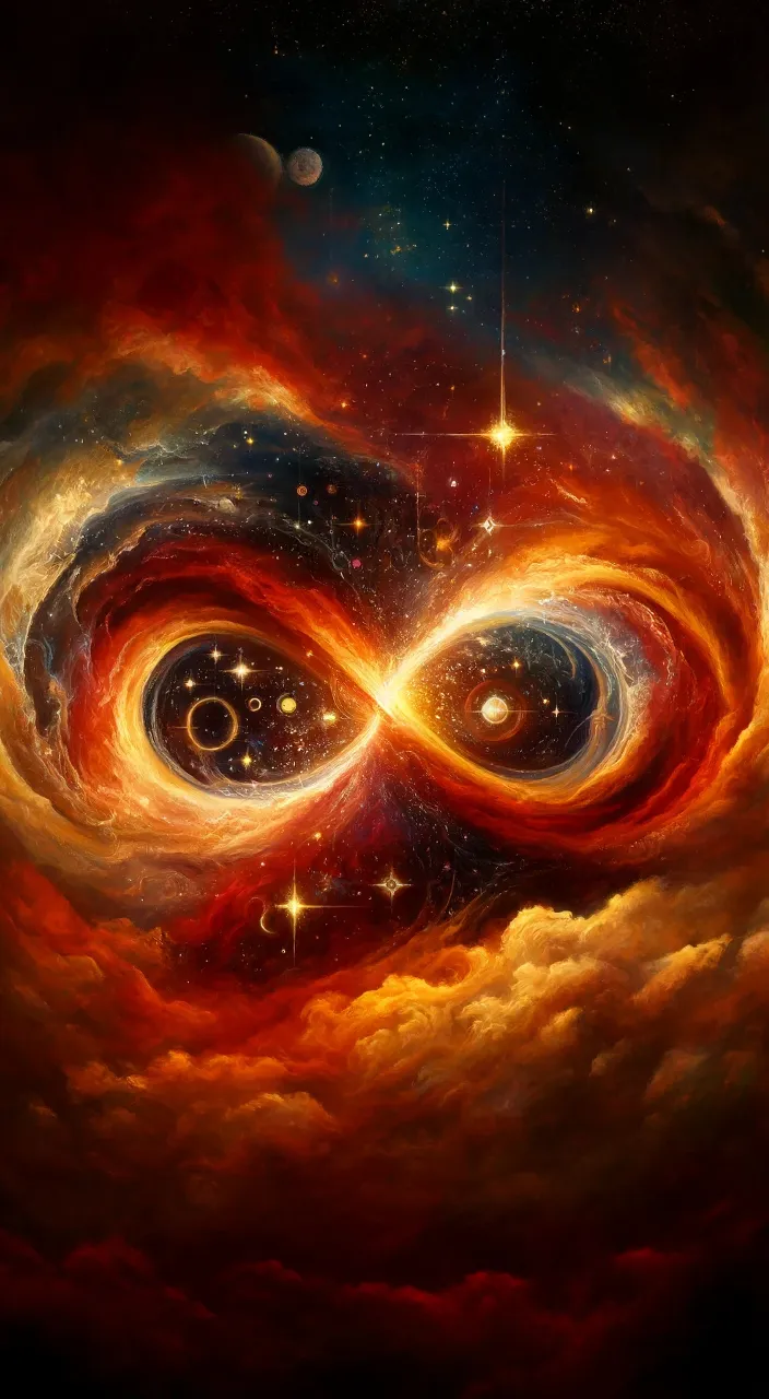 a painting of a red and yellow swirl with stars in the background