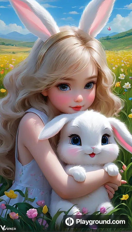 a painting of a girl holding a bunny