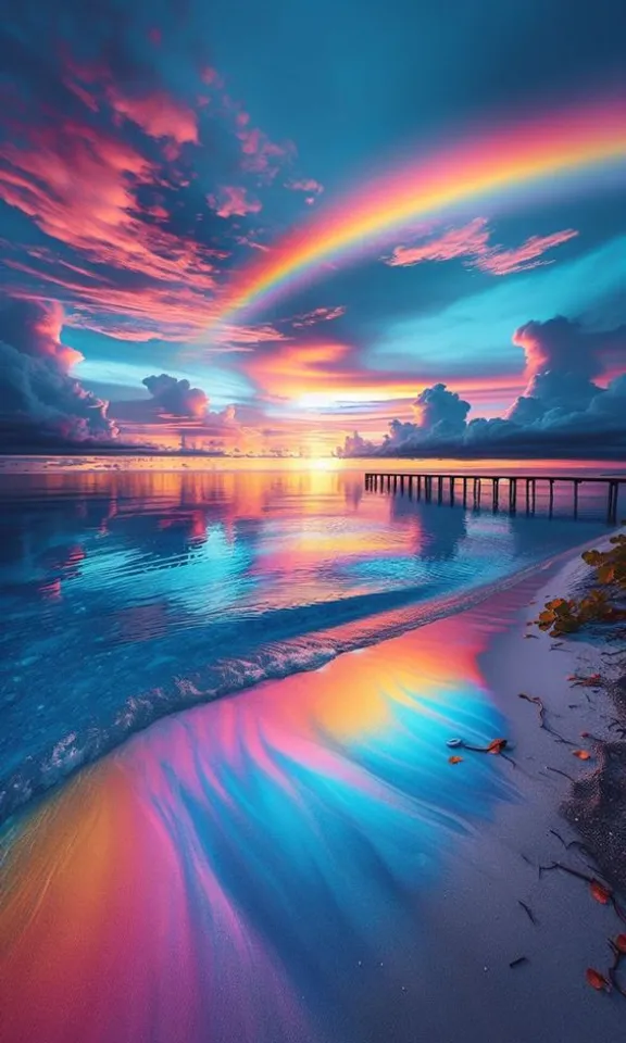 a beautiful sunset over the ocean with a rainbow in the sky