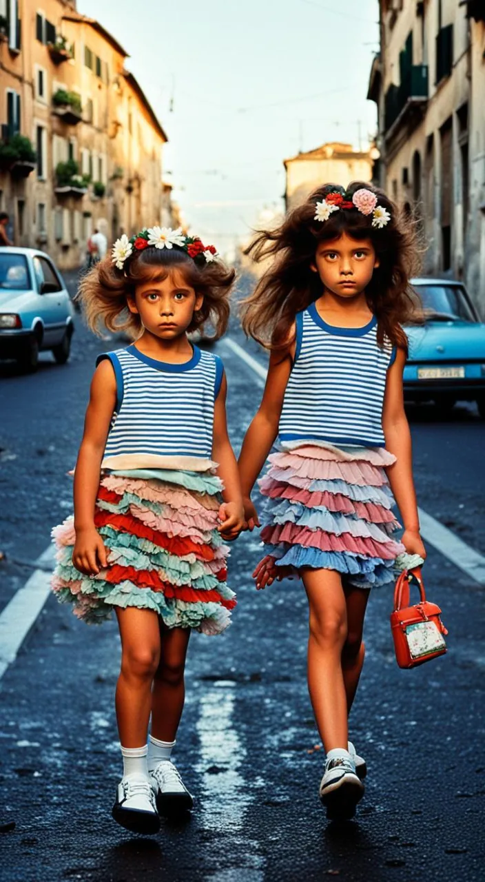 two little girls walking down the street in the rain