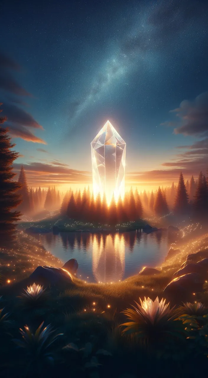 a painting of a crystal tower in the middle of a forest