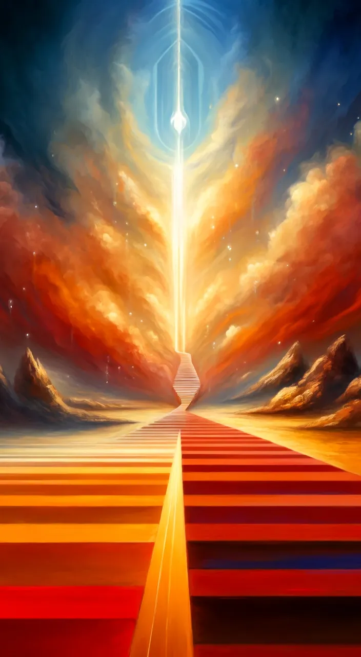 a painting of a path leading to a bright light