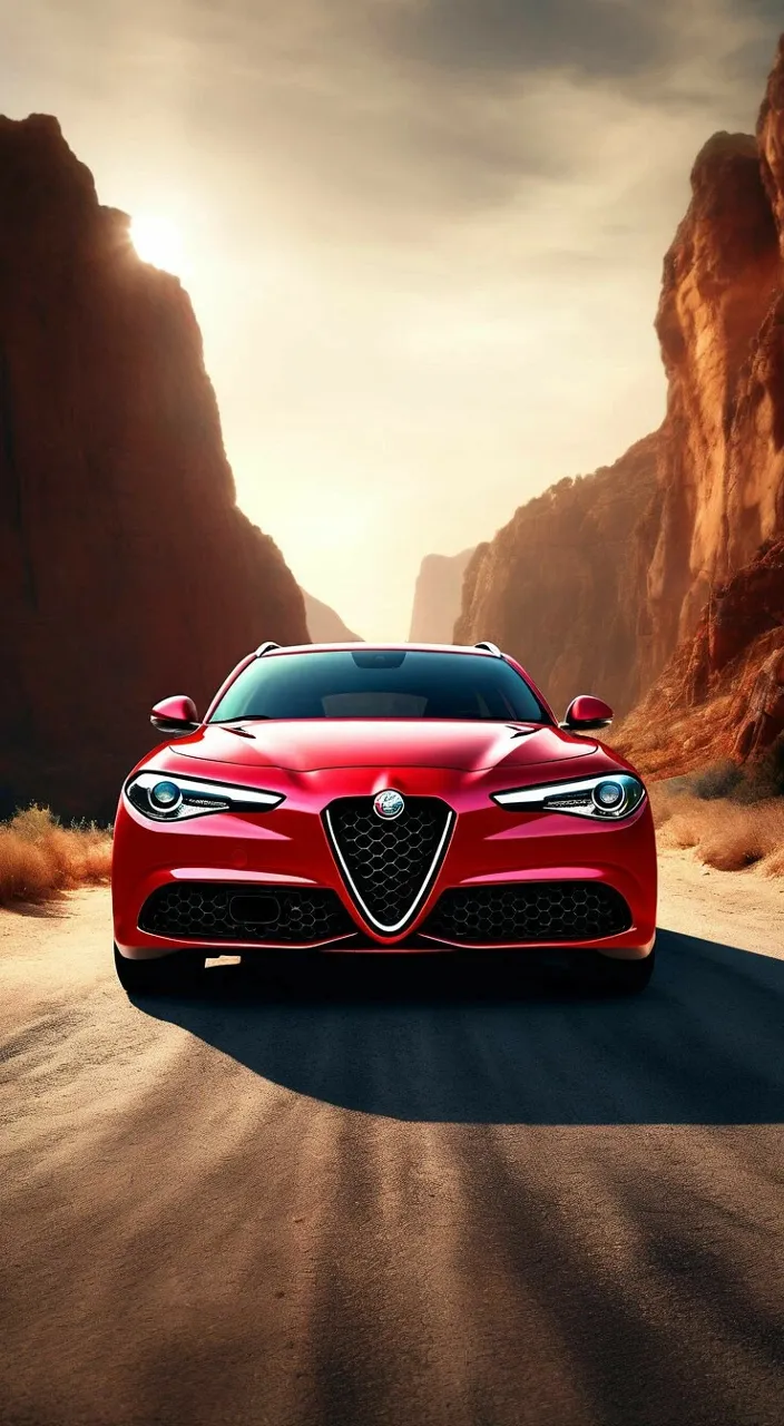 Low angle front view, red Alfa Romeo Giulia station wagon on the edge of a canyon breathtaking, panoramic, ray tracing, cinematic, professional photo