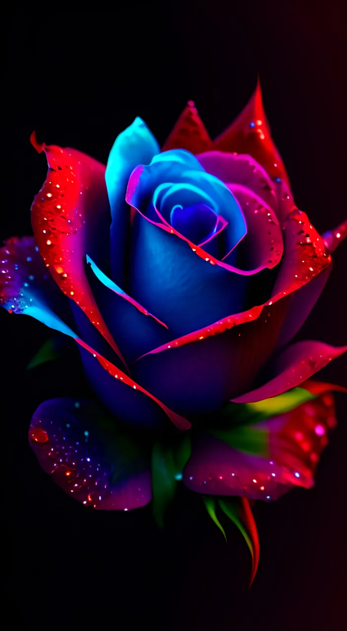 a red and blue rose with water droplets on it petals are falling