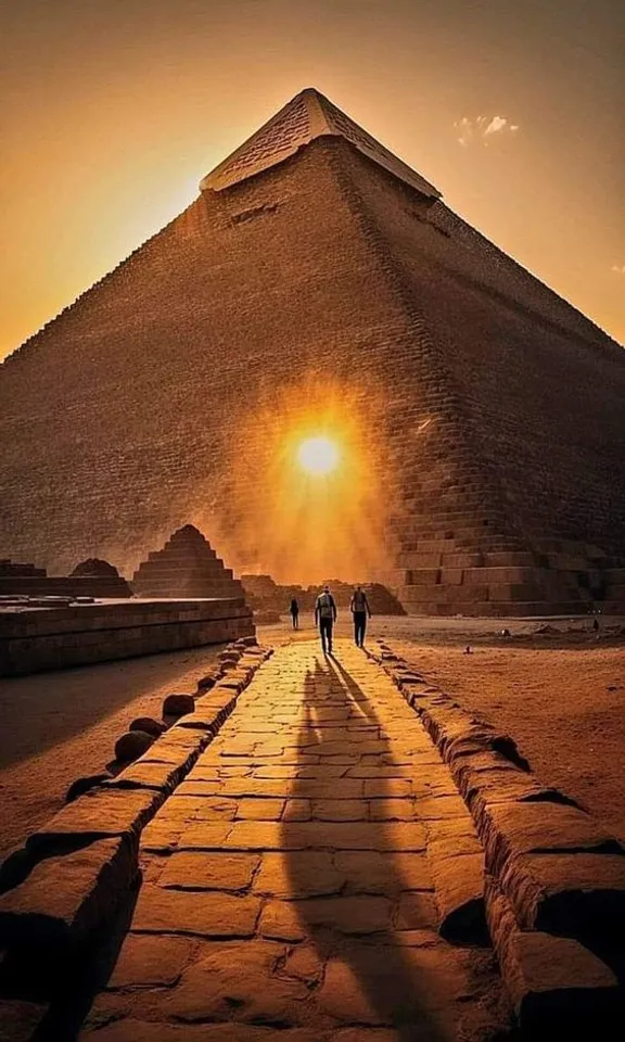 a group of people that are standing in front of a pyramid