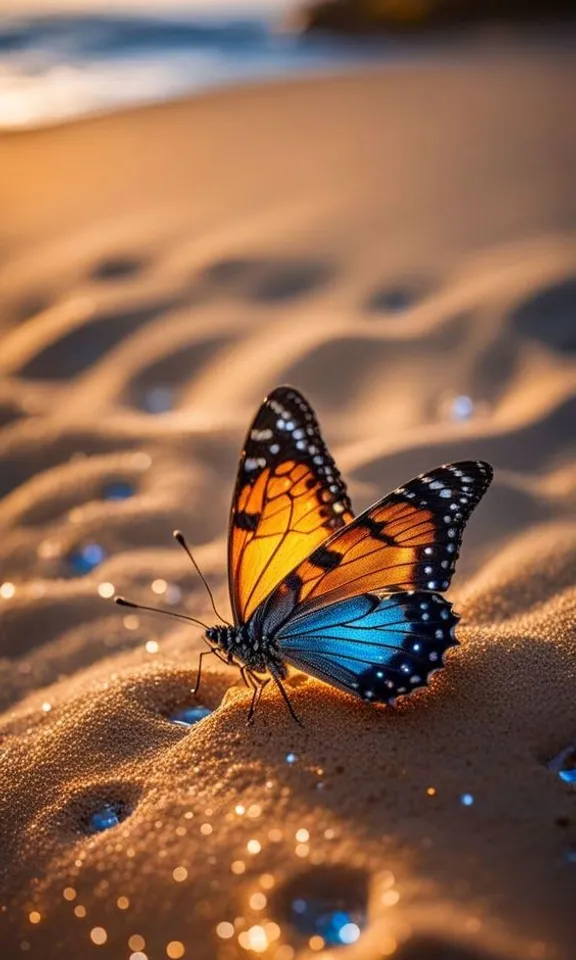 a butterfly that is sitting on the sand